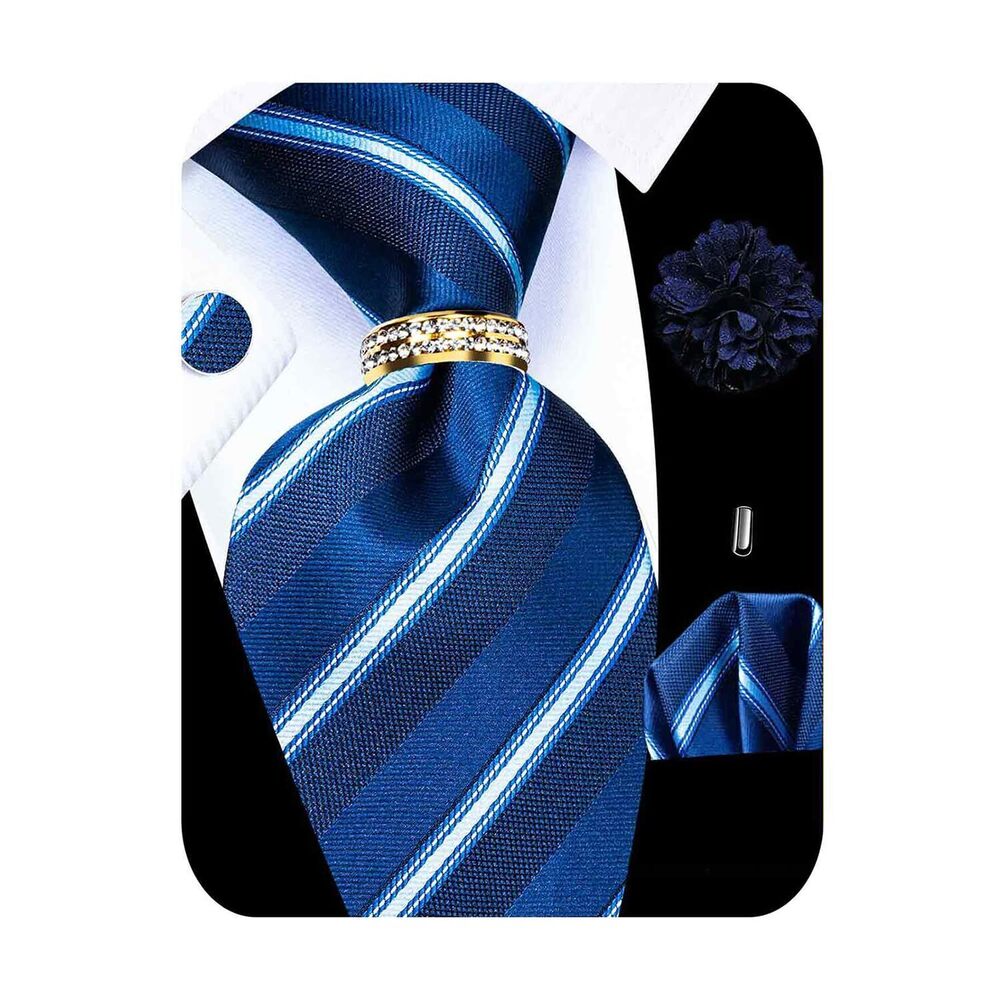 1872 5PCS Blue Striped Tie Pocket Square , Silk Necktie